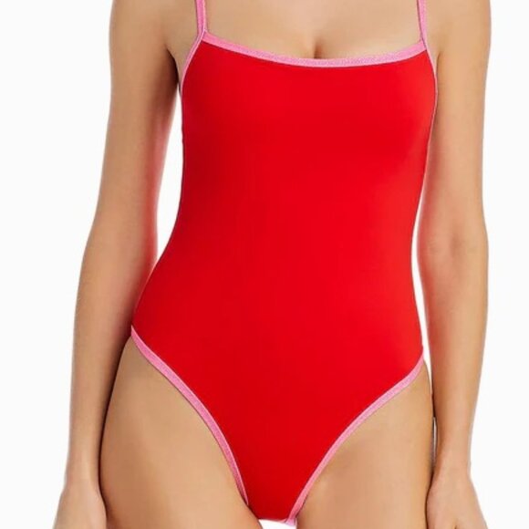 Red Square Neck One-Piece Swimsuit with Pink Straps NWT, Unworn - Size S - Picture 1 of 2